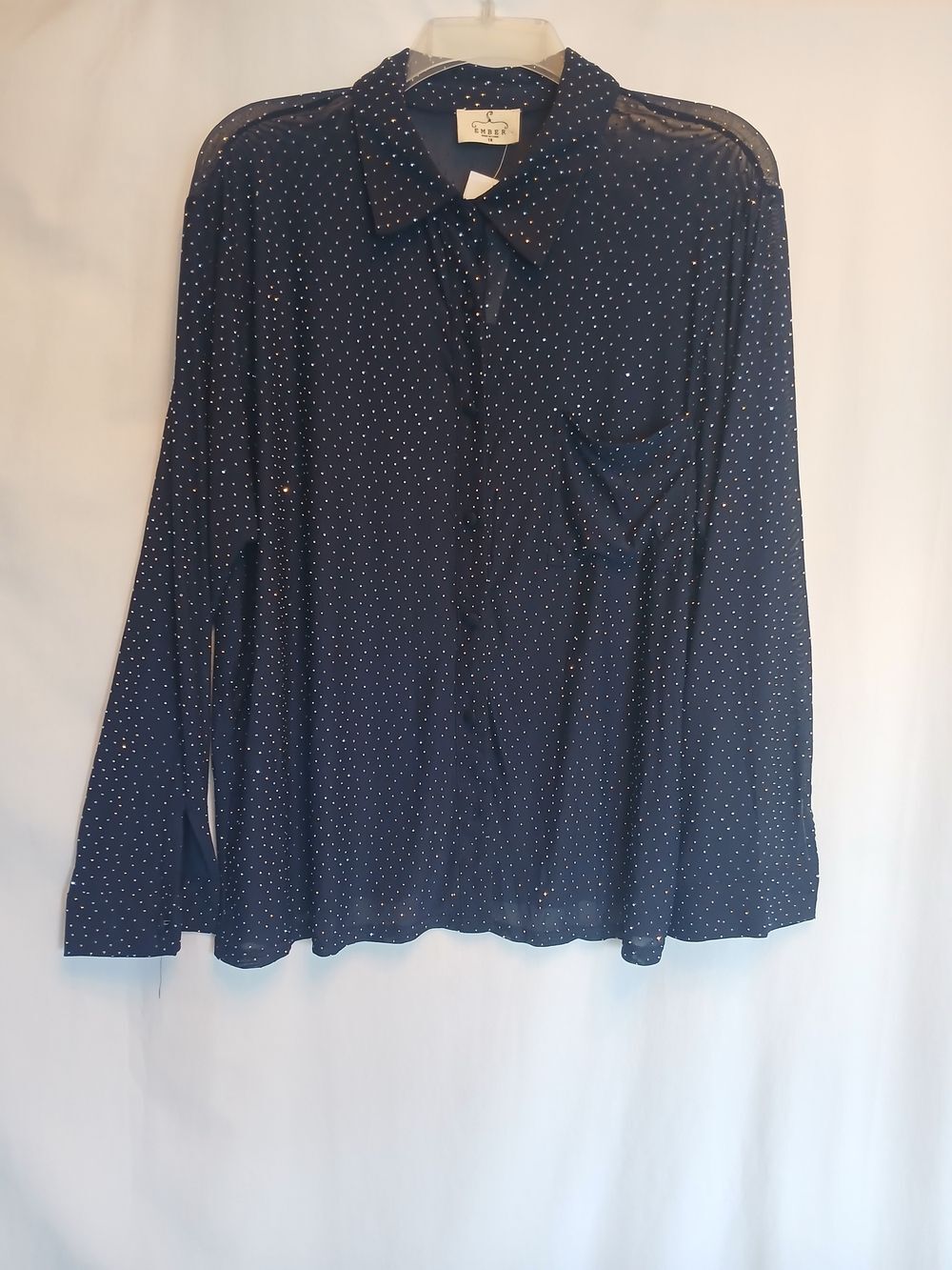 Navy Blue Mesh Allover Rhinestone Sparkle Button Front Flowy Long Sleeve Shirt